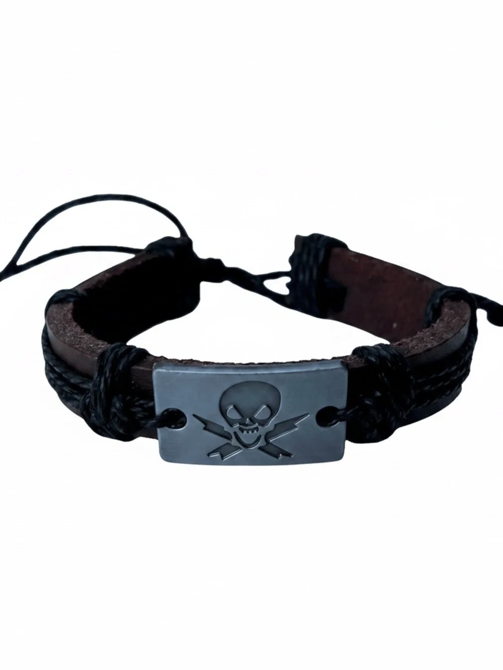 Mens Black Brown Leather Cord Bracelet with Skull and Crossbones Design